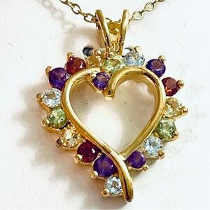 18KT Multi Gemstone Heart Pendant Necklace Vintage amethyst citrine Swiss Blue